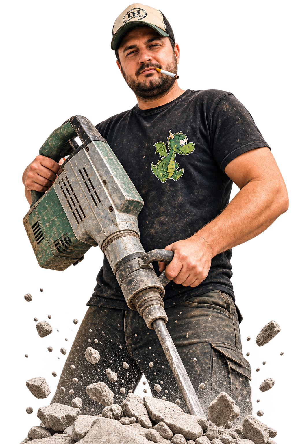 Grisu holding a demolition hammer amid flying concrete debris.